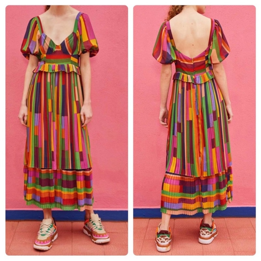 Farm Rio Painted Stripes Pleated Dress